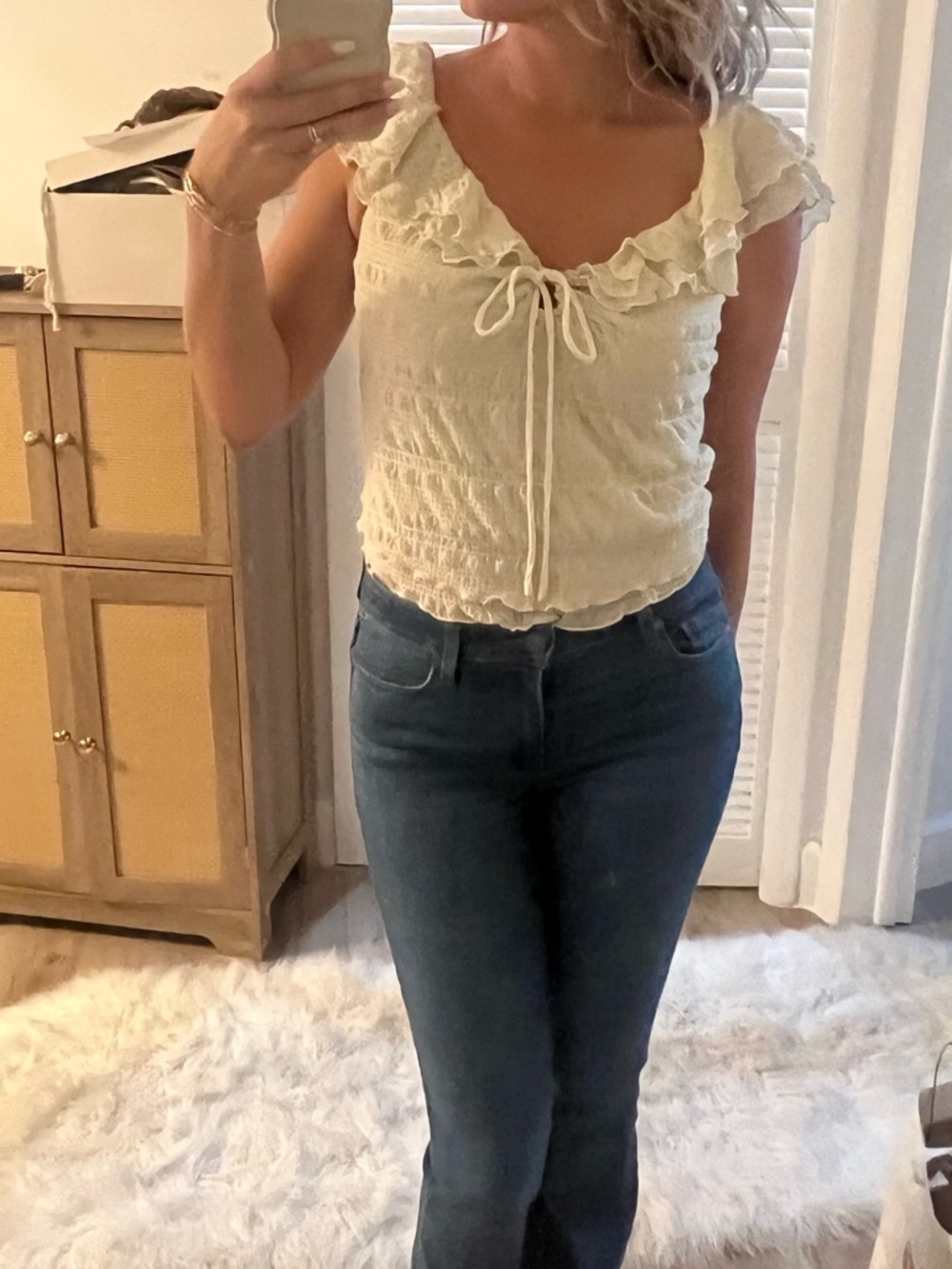 Free People Cream Textured Boho Tie-Front Top